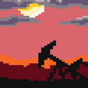 May include: Pixel art landscape depicting a sunset with a yellow moon, gray clouds, and a silhouette of a structure. The sky transitions from pink to orange, with a dark foreground.