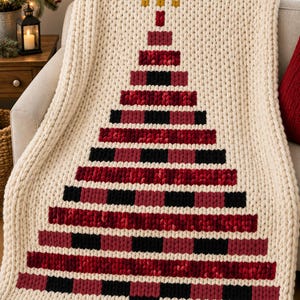 Puede incluir: Una manta de punto grueso en color crema presenta un gran diseño de árbol de Navidad centrado. El árbol está construido con filas horizontales de bloques de hilo alternos en rojo, rojo oscuro y negro, rematado con una pequeña estrella amarilla.