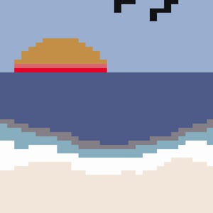 May include: Pixelated beach scene with a sunset over the ocean. The image features a blue sky with white clouds, a golden sun with a red line, dark blue ocean, white waves, and a sandy beach. Two black birds fly in the sky.