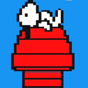 May include: A pixel art image showing a red doghouse with a white dog on top, against a blue sky with two white clouds. The doghouse has a black roof and green grass at the bottom. A cartoon-style image.