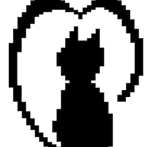 May include: A black silhouette of a cat inside a heart shape, created with pixelated blocks. The cat is facing away, with its tail and ears visible. The heart is outlined in black against a white background.