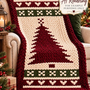 May include: A chunky knit throw blanket featuring a large dark red Christmas tree design on a cream background, bordered by dark green and red bands with heart and cross patterns. The text AI Rendering FOR EXAMPLE PURPOSES ONLY is visible.