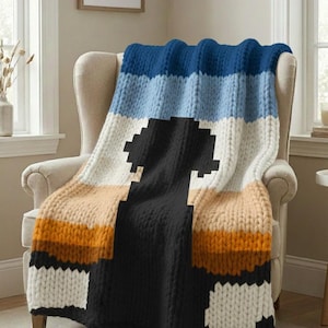 Dog Silhouette at Sunset Digital Pattern - Finger Hand Knitting / Chunky Blanket Throw
