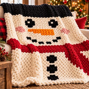 May include: A chunky knit throw blanket featuring a snowman face design. The blanket is primarily white with a black top section, an orange carrot nose, black eyes and mouth, pink cheeks, and three black buttons on a red scarf section.