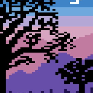 Puede incluir: Ilustración de arte pixelado de una escena nocturna con una luna creciente en un cielo azul. Siluetas de árboles y un paisaje urbano en primer plano, con tonos de morado y rosa en el cielo.
