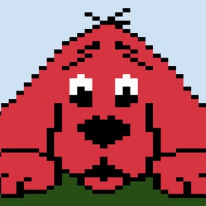 May include: Pixelated image of a large red dog with white eyes and a black open mouth. The dog is lying on green grass against a light blue background. The dog's ears are black and stick up.