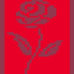 May include: A pixelated rose illustration in shades of red and maroon. The rose, with its petals and stem, is set against a solid red background, framed by a darker maroon border. The design has a retro, digital aesthetic.