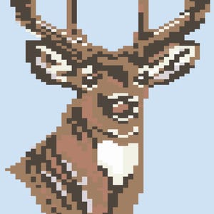 May include: Pixelated illustration of a deer head with large antlers. The deer is rendered in shades of brown, tan, and white against a light blue background. The artwork has a retro, 8-bit video game aesthetic.