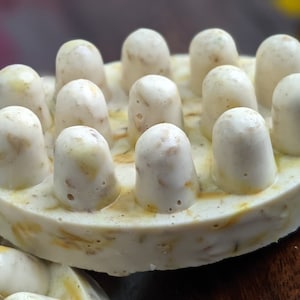May include: Close-up of a round, off-white soap bar with a textured surface. The soap features numerous rounded, cylindrical protrusions on top. The soap has a speckled appearance with visible flecks of yellow and brown.