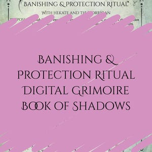 Puede incluir: Un grimorio digital titulado "Ritual de Destierro y Protección" con el texto "Libro de las Sombras". El diseño presenta elementos celestiales, incluyendo lunas y estrellas, sobre un fondo estilo pergamino, con una superposición rosa.