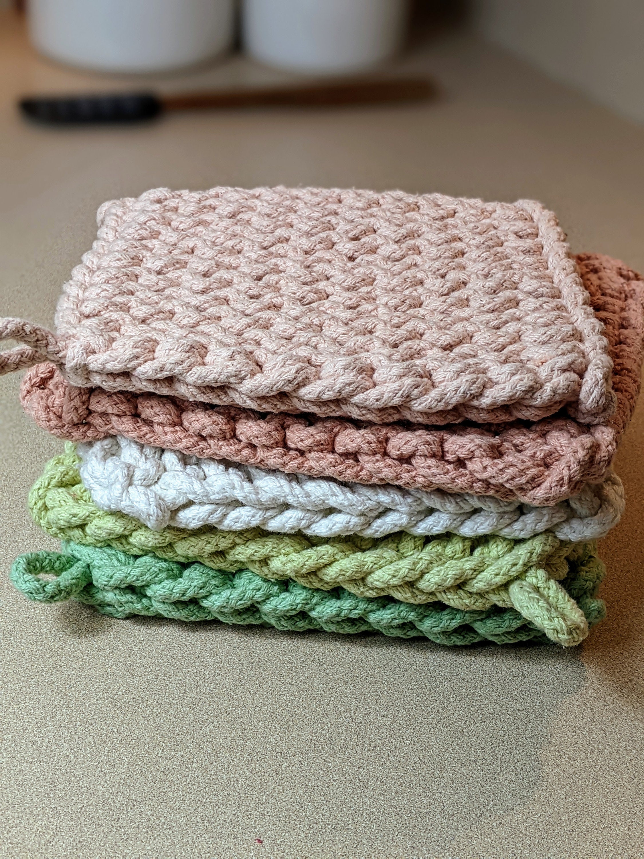  Creative Co-Op Square Cotton Crocheted Potholders/Hot Pads (Set  of 4 Colors) Pot Holders, Multicolor, 4 Count : Home & Kitchen