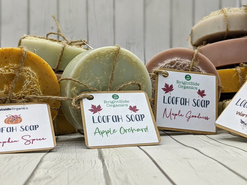 Może przedstawiać: Cztery okrągłe kostki ręcznie robionego mydła owinięte sznurkiem i oznaczone tekstem "BrightSide Organics" oraz zapachem każdego mydła: "Pumpkin Spice", "Apple Orchard", "Maple Goodness" i "Warm Vanilla".