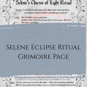 Puede incluir: Página de grimorio "Ritual del Eclipse de Selene" con adornos florales y de luna creciente. El texto describe un ritual para la belleza y la inspiración, con herramientas como tela de altar y símbolos como amuletos lunares.