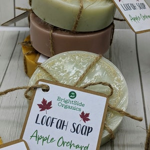 Może przedstawiać: Stos czterech okrągłych mydeł z gąbki lufa z brązową papierową etykietą z napisem "BrightSide Organics Loofah Soap Apple Orchard". Mydła są owinięte sznurkiem i mają naturalny, ziemisty wygląd.