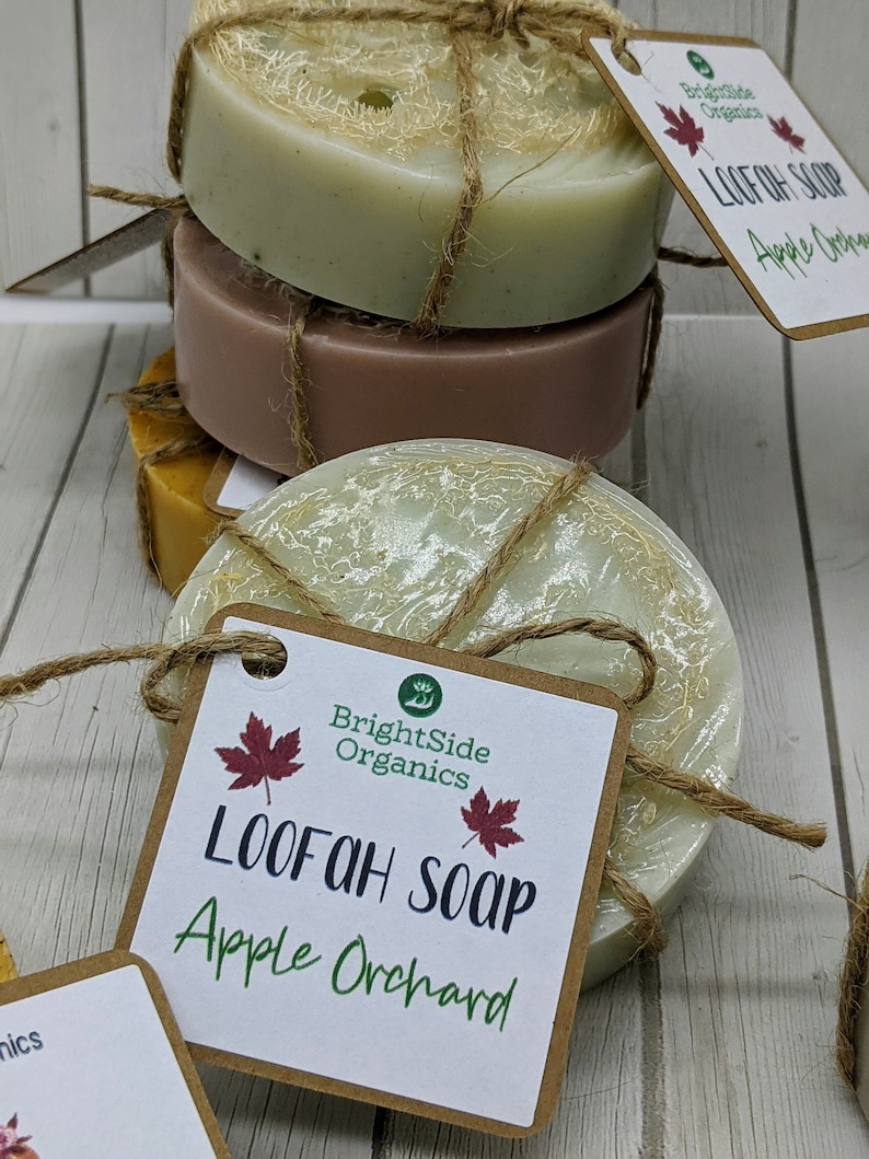 Może przedstawiać: Stos czterech okrągłych mydeł z gąbki lufa z brązową papierową etykietą z napisem "BrightSide Organics Loofah Soap Apple Orchard". Mydła są owinięte sznurkiem i mają naturalny, ziemisty wygląd.