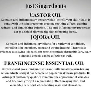 May include: Text overlay on a white background that reads "Just 3 ingredients" followed by the names of three oils: Castor Oil, Jojoba Oil, and Frankincense Essential Oil. Each oil name is in bold font and is followed by a description of its benefits for skin and hair.