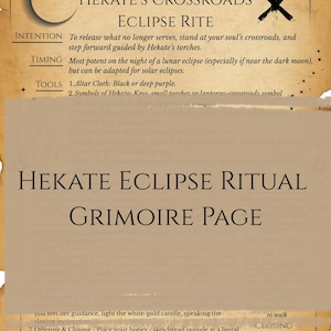 May include: A parchment-style grimoire page titled "Hekate Eclipse Ritual." The page details an eclipse rite, with sections on intention, timing, and tools. It includes celestial symbols and the Brightside Organics logo, all in a vintage aesthetic.