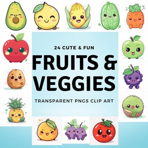 Kawaii Fruits and Vegetables Clipart - 24 Transparent PNG Files - Cute Food Illustrations