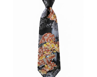 Ed Hardy Mens 100% Silk Tie Dragon Tattoo Black Orange Y2K 2000s Streetwear AOP