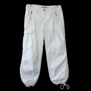 May include: White cargo pants with multiple pockets and zippers. The pants have a relaxed fit with adjustable drawstrings at the ankles. The brand name "EXPRESS" is visible on the waistband.