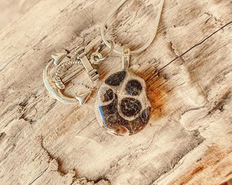 Può includere: Una collana con ciondolo a forma di ancora in argento e un ciondolo in agata marrone e nero. La collana è su una superficie di legno.