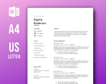Plantilla de CV con foto para Word / Plantilla de CV creativa y moderna / Curriculum Vitae