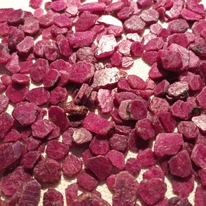 May include: A scattering of raw ruby gemstones, displaying a deep crimson hue. The uncut stones have a textured surface and vary in size and shape. They are arranged on a white background, catching the light to reveal their natural beauty.