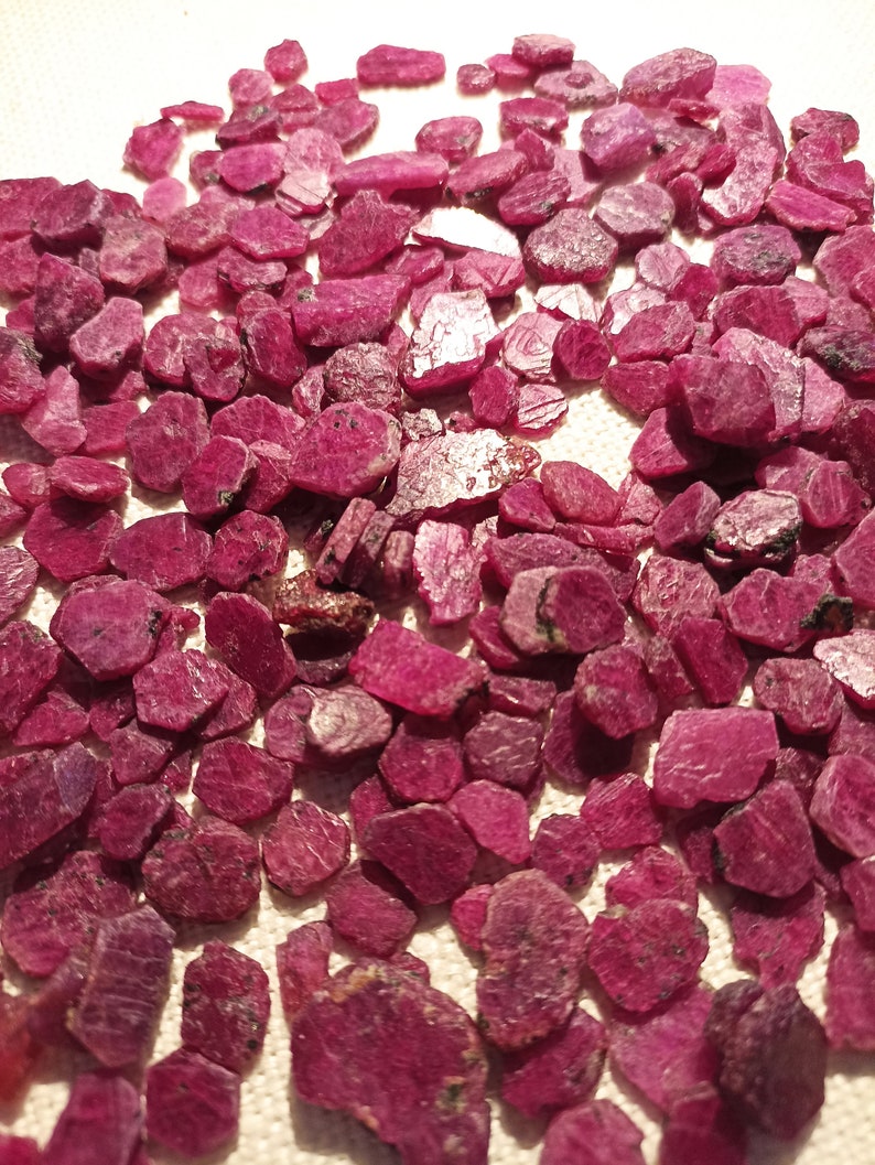 May include: A scattering of raw ruby gemstones, displaying a deep crimson hue. The uncut stones have a textured surface and vary in size and shape. They are arranged on a white background, catching the light to reveal their natural beauty.