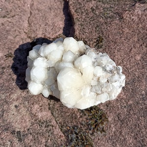May include: A cluster of white quartz crystals, with a rough, natural texture, on a brown, rocky surface.