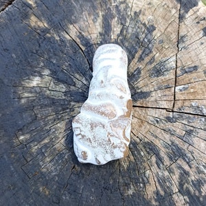 May include: White and brown ceramic sculpture of a face with a textured surface. The sculpture is sitting on a wooden surface.