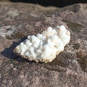 May include: A cluster of white crystals on a rough, brown rock. The crystals are clustered together in a dense formation, with some individual crystals visible. The rock is textured and has a natural, earthy appearance.