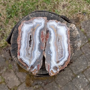 Peut inclure: Deux morceaux d'agate, l'un blanc et brun avec un centre rouge, et l'autre blanc et brun avec un centre rouge, sont présentés sur une surface en bois. L'agate est une pierre naturelle avec un motif en bandes.