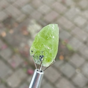 May include: A small, light green, translucent crystal with black inclusions, held in a metal clamp.