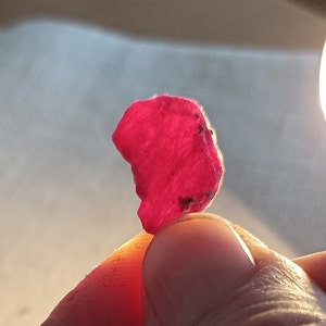 May include: A vivid, raw ruby gemstone, exhibiting a rich, deep red colour. The rough-cut stone has a textured surface with small dark inclusions. The ruby is held between fingers, showcasing its natural form and colour.
