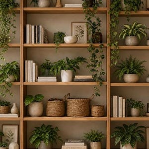 May include: A tall, light-toned wooden bookshelf with three vertical sections filled with various potted green plants, trailing vines, stacks of books, woven baskets, and framed botanical prints arranged across multiple horizontal shelves.