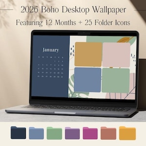 Papier peint du calendrier 2026 : arrière-plan bohème coloré avec 25 icônes de dossiers (téléchargement numérique)