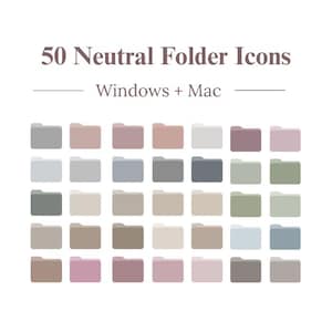 Può includere: Una collezione di 50 icone di cartelle neutre per Windows e Mac, disposte in una griglia. Le icone presentano una varietà di toni tenui, terrosi e pastello, tra cui sfumature di grigio, beige, marrone, malva, verde salvia e azzurro tenue.