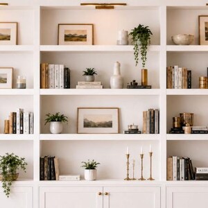 May include: A large white built-in bookshelf with three vertical sections and integrated lighting. The shelves are filled with a curated collection of books, framed landscape art, potted green plants, ceramic vases, and brass candle holders.