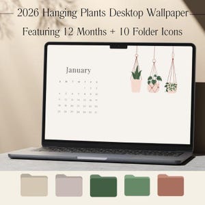 Fondo de pantalla de escritorio e iconos de carpeta del calendario 2026: Fondo minimalista para portátil con suculentas colgantes