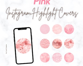 May include: Pink Instagram highlight covers with a variety of pink textures and patterns. The covers include a rose pattern, a marble pattern, a geometric pattern, and a blurred background.