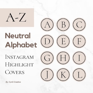 Copertine Instagram Highlight con alfabeto minimalista neutro dalla A alla Z (download digitale)