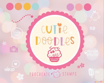 Sellos de pincel procreado - Sellos de garabato procreado - Garabatos de sello procreado -Sellos de garabato dibujados a mano - Sellos Kawaii - Adornos lindos