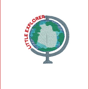 File di ricamo World Globe Spin, disegno di ricamo del globo terrestre, "Piccolo esploratore" File digitale di ritorno a scuola, file di ricamo del globo