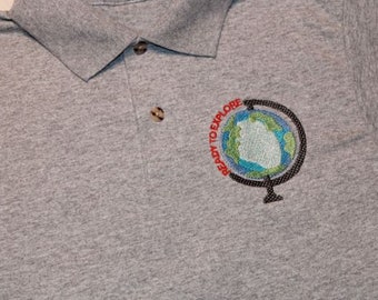 Kids Embroidered Globe Polo Shirt, "Ready to Explore" Design