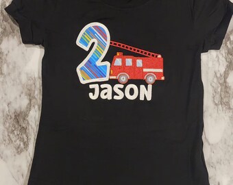 Embroidered Firetruck Birthday Shirt| Personalized Fire Truck Birthday T-Shirt| Age 1 - 10 Customized Tee