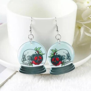 Spooky Christmas Skull Snow Globe Earrings, Merry Creepmas Earrings, Christmas Earrings, Holiday Earrings, Skull Earrings