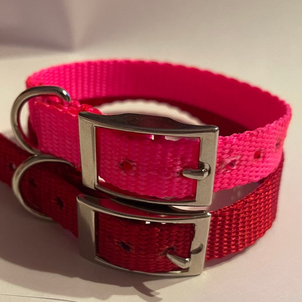 Heavy duty 5/8 nylon dog collars with metal hardware.