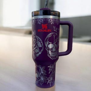 Laser engraved 40oz handled Tumbler with Skulls and Roses Full wrap