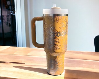 Personalized sunflower full wrap laser engraved 40oz handled Tumbler