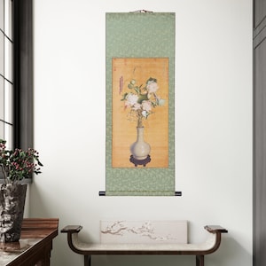 Póster de pintura tradicional asiática impresa, pergamino de pared, jarrón vintage chino japonés, decoración oriental, 43,3 x 16,5 pulgadas